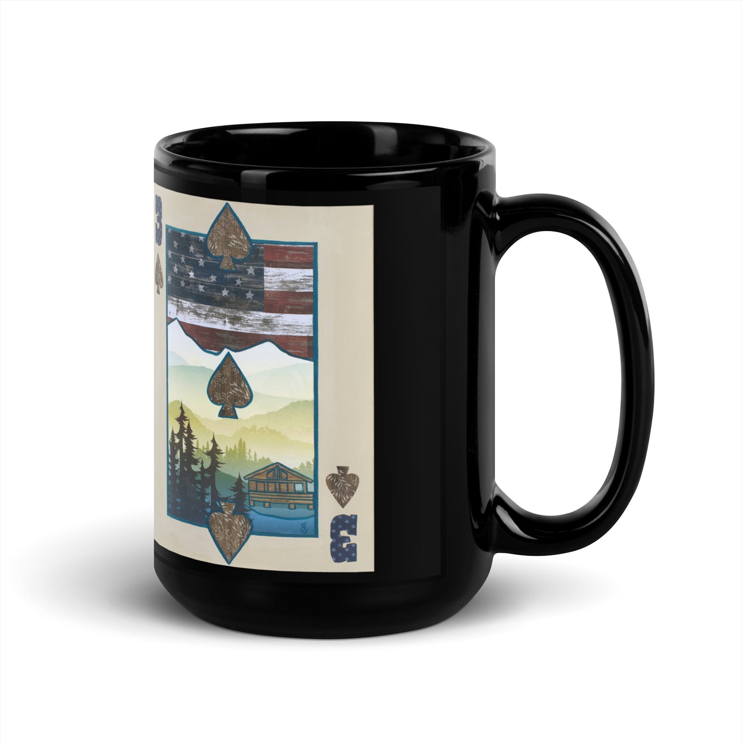 Three of Spades by Suzanne Villella | Black Glossy Mug