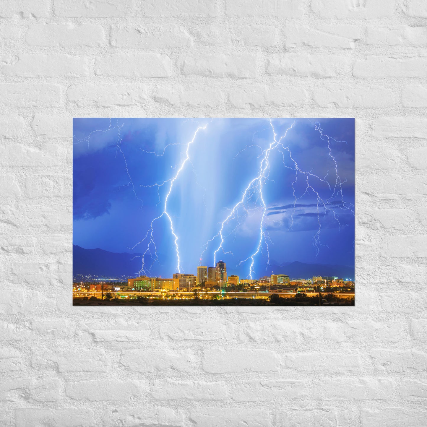 Downtown Tucson Lightning Monsoon by Sean Parker Photography | Poster