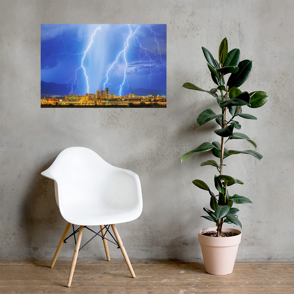 Downtown Tucson Lightning Monsoon by Sean Parker Photography | Poster