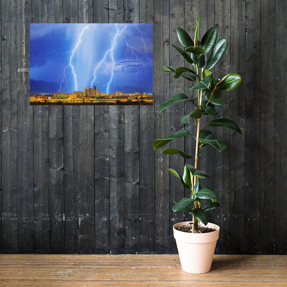 Downtown Tucson Lightning Monsoon by Sean Parker Photography | Poster