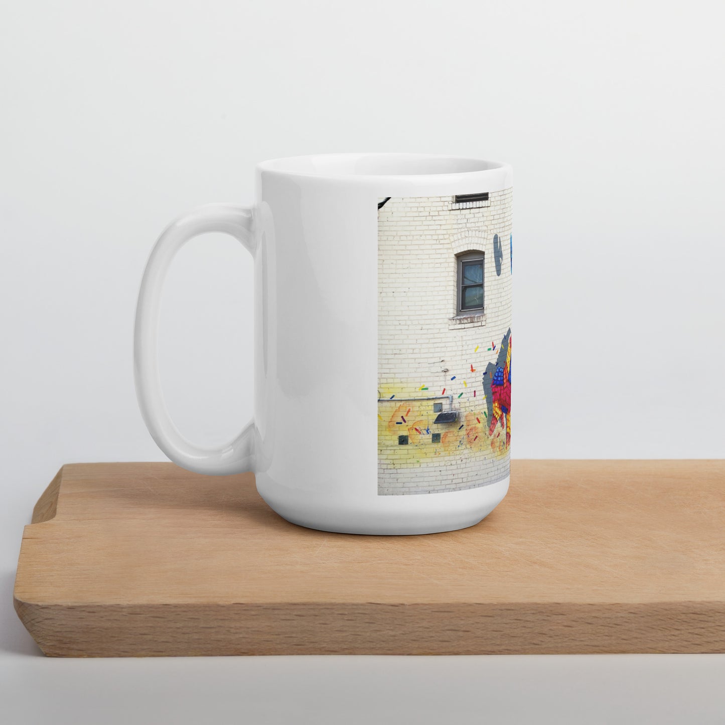 Running of the Pinatas Mural by Ignacio Garcia | White glossy mug