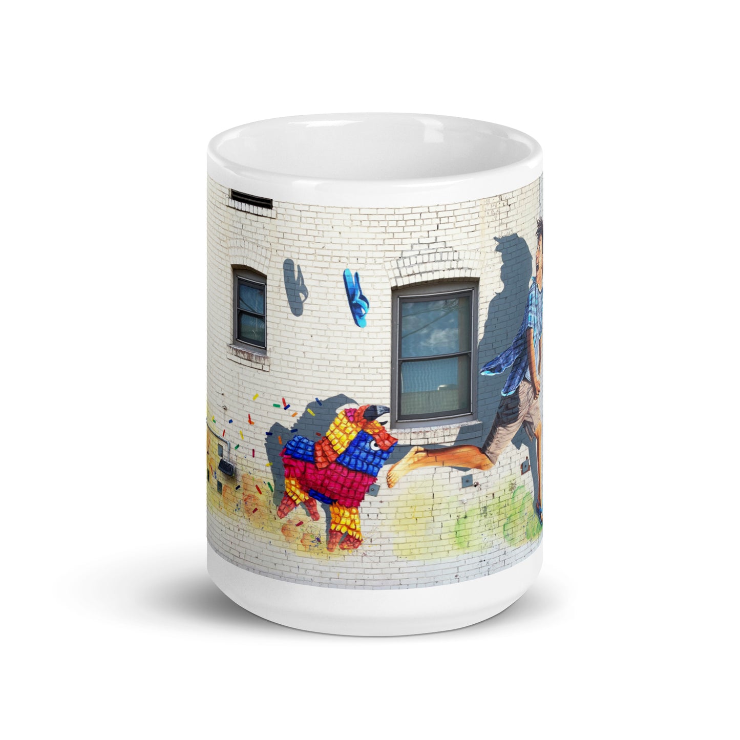 Running of the Pinatas Mural by Ignacio Garcia | White glossy mug