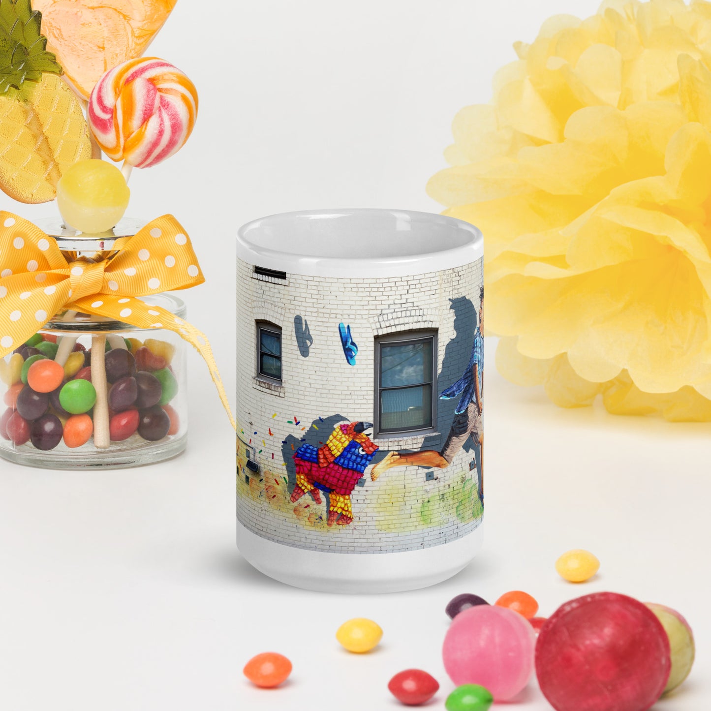 Running of the Pinatas Mural by Ignacio Garcia | White glossy mug