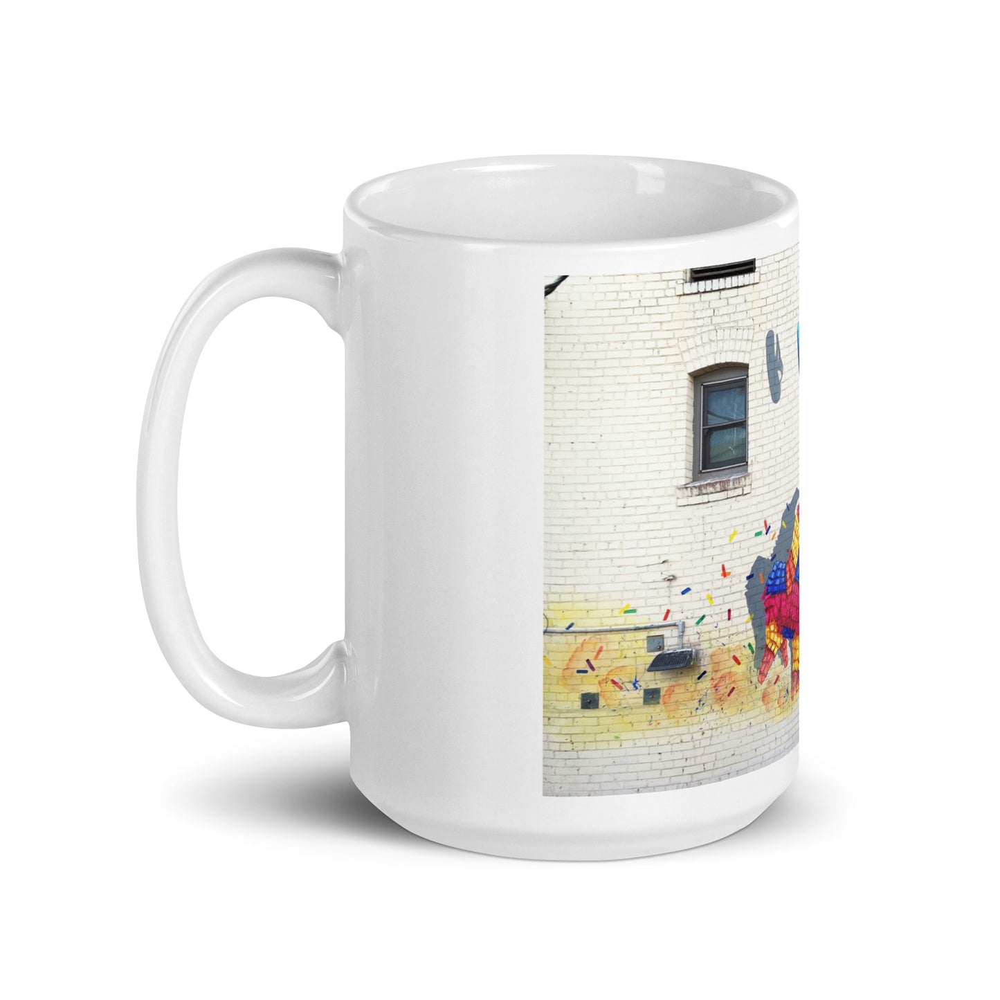 Running of the Pinatas Mural by Ignacio Garcia | White glossy mug