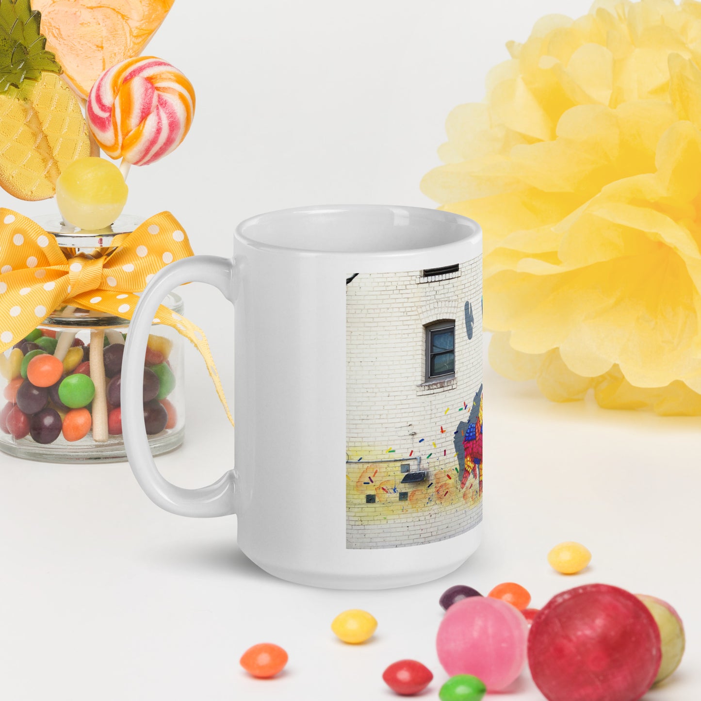 Running of the Pinatas Mural by Ignacio Garcia | White glossy mug