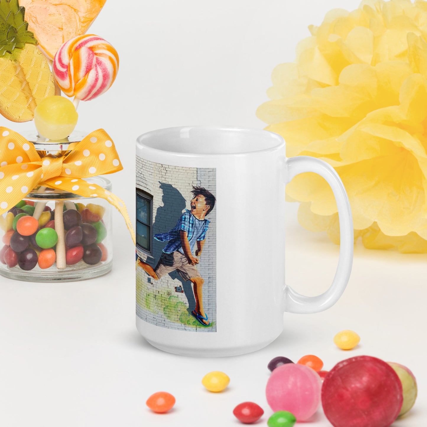 Running of the Pinatas Mural by Ignacio Garcia | White glossy mug