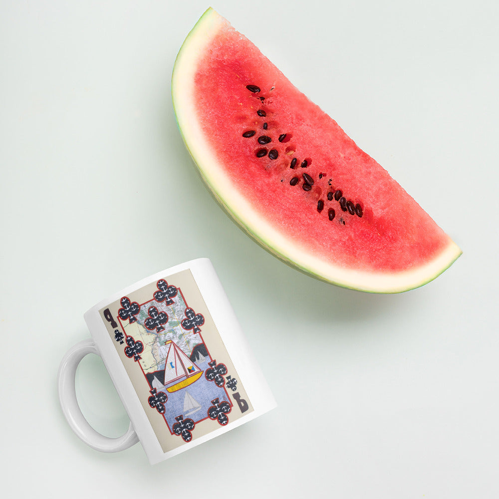 Nine of Clubs by Suzanne Villella | White glossy mug