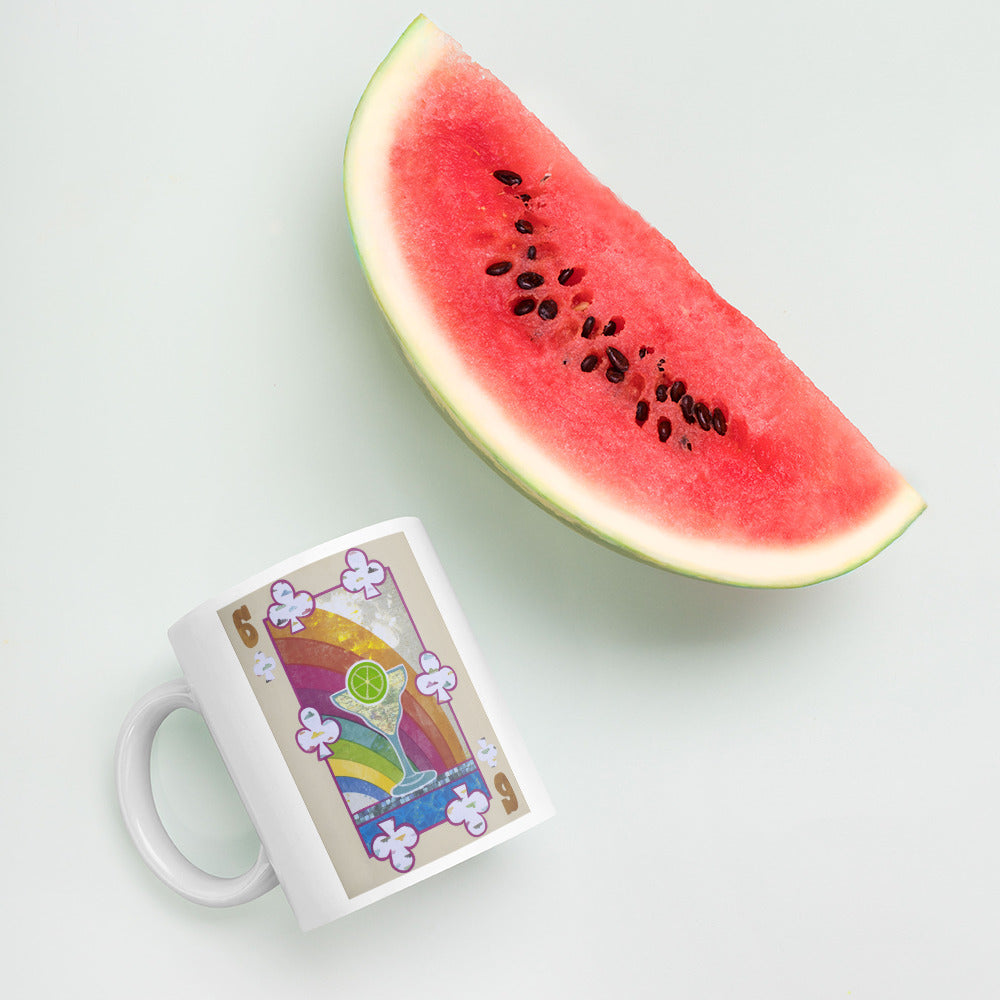 Six of Clubs by Suzanne Villella | White glossy mug