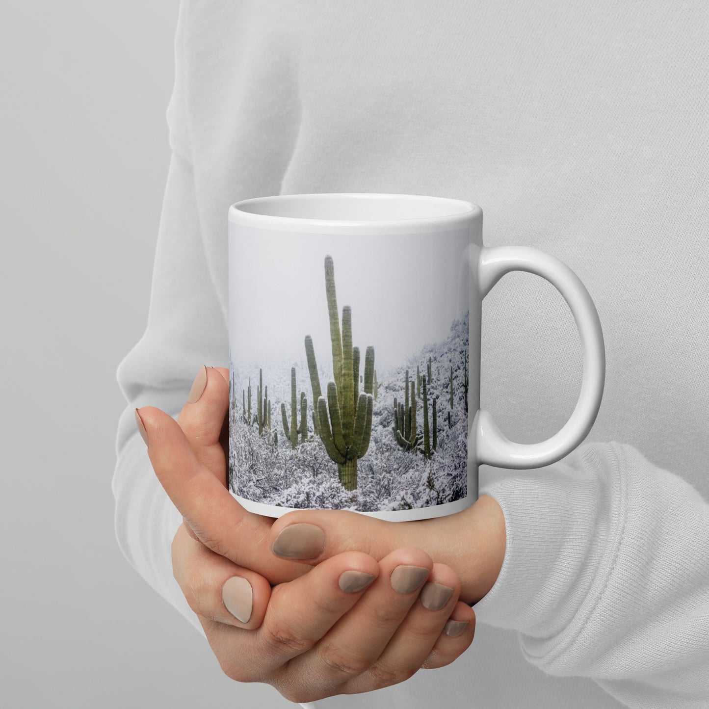 Saguaro Snowfall by Sean Parker Photography | White glossy mug