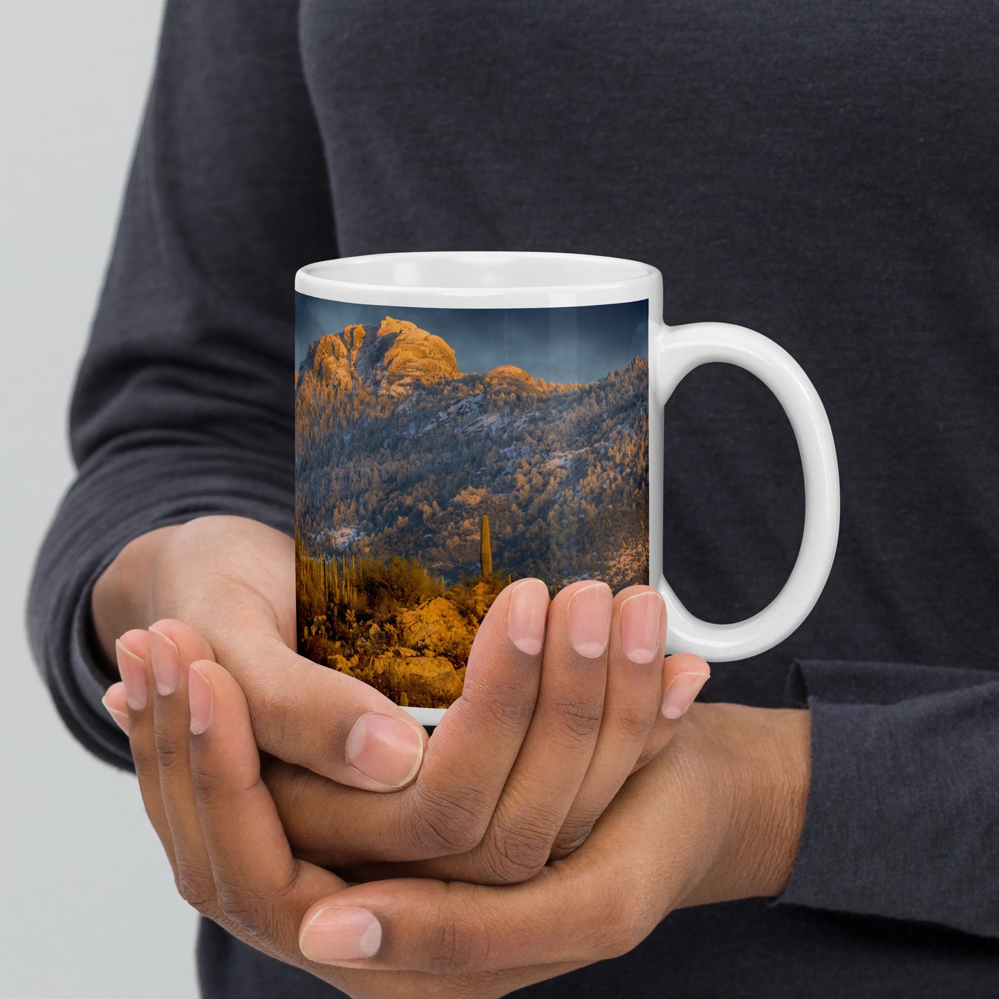 Rincon Mountain Snow by Sean Parker Photography | White glossy mug