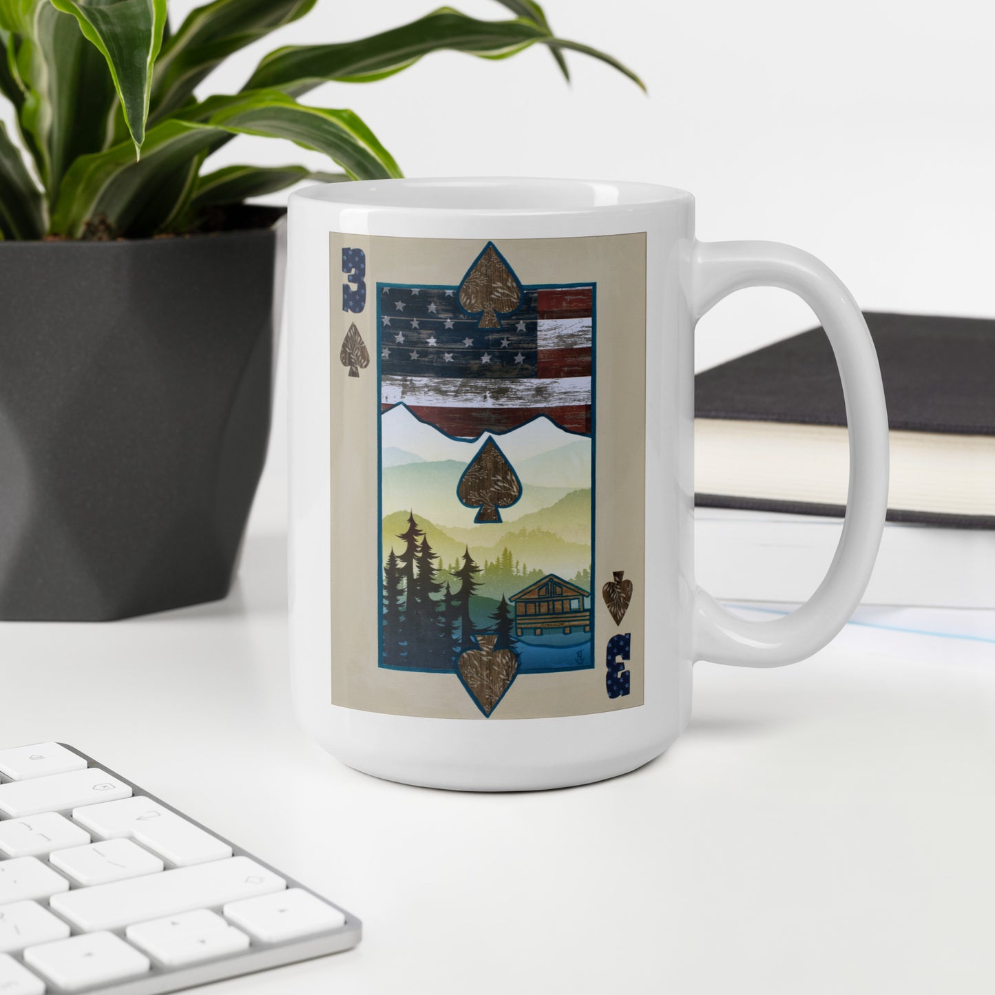 Three of Spades by Suzanne Villella | White glossy mug