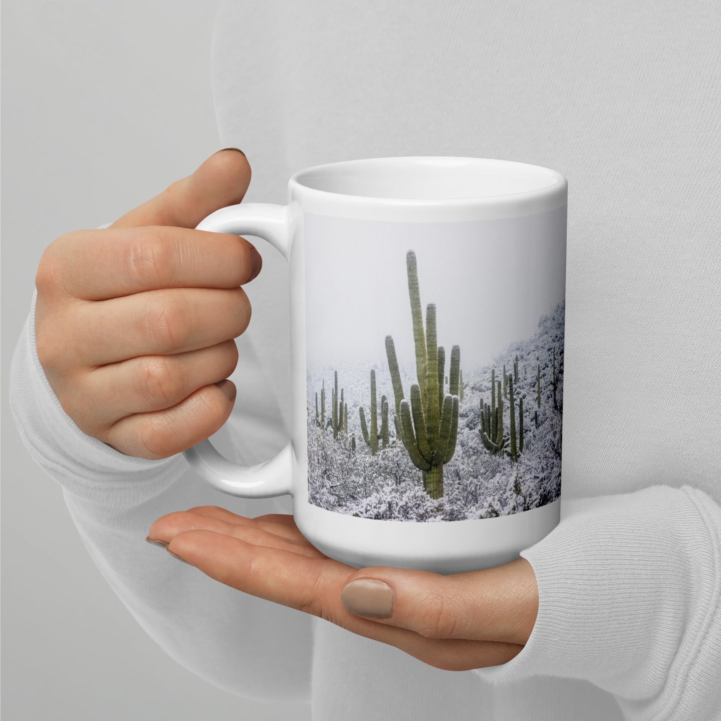 Saguaro Snowfall by Sean Parker Photography | White glossy mug