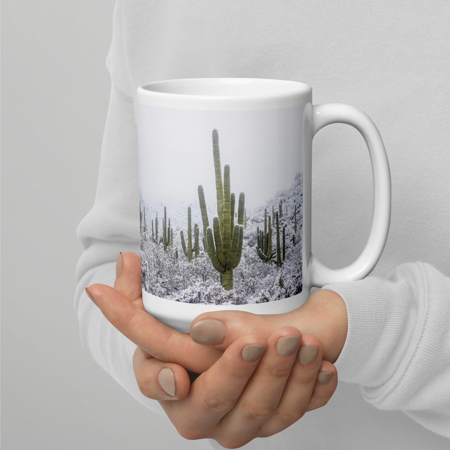 Saguaro Snowfall by Sean Parker Photography | White glossy mug