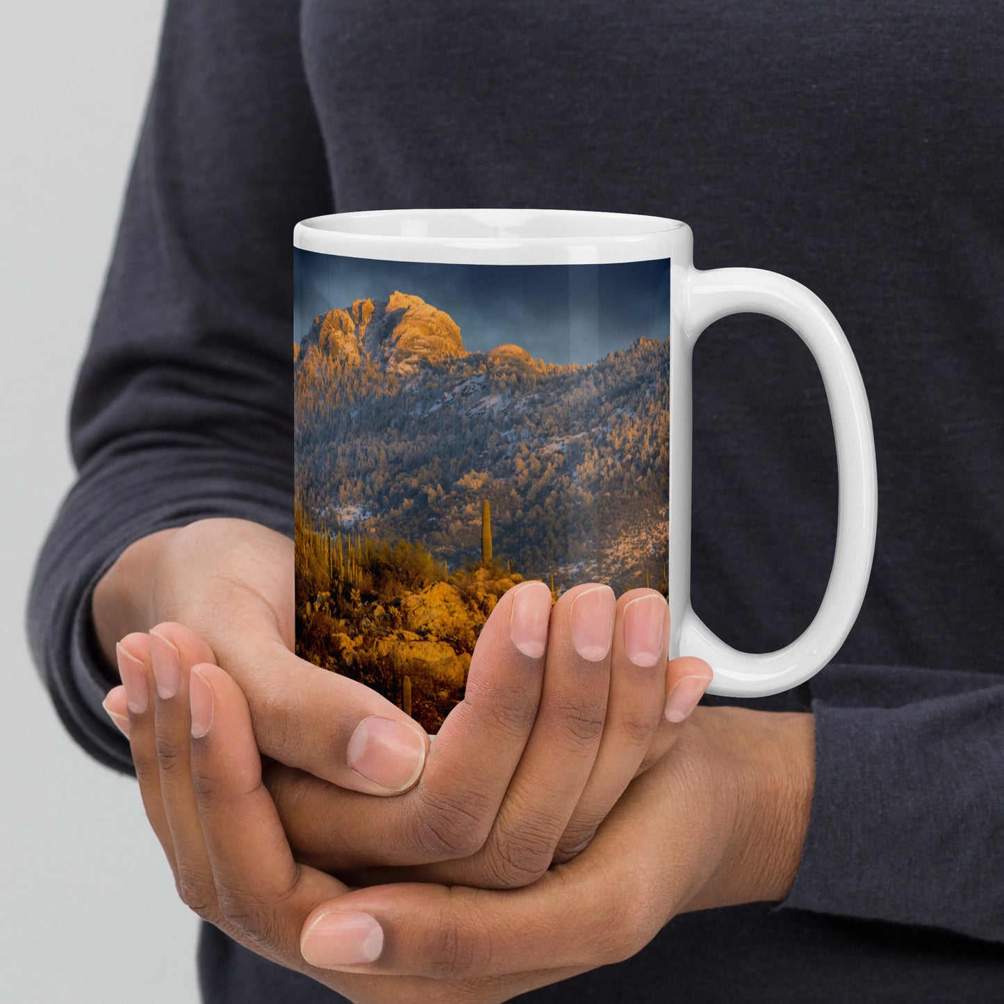 Rincon Mountain Snow by Sean Parker Photography | White glossy mug