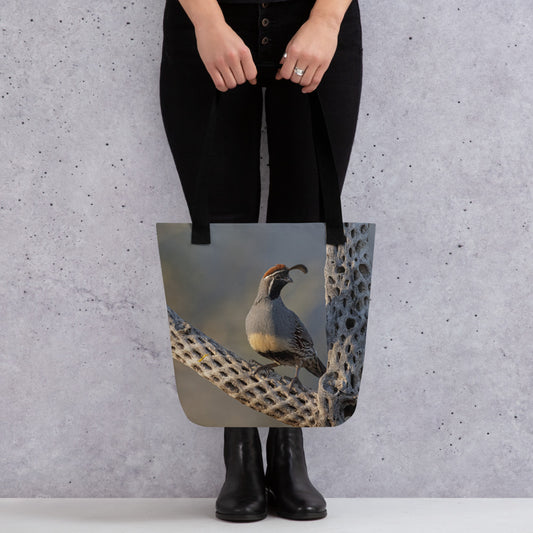 Quail On Cholla by Leslie Leathers Photography | Tote Bag