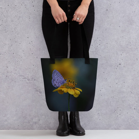 Marine Blue Butterfly by Leslie Leathers Photography | Tote bag