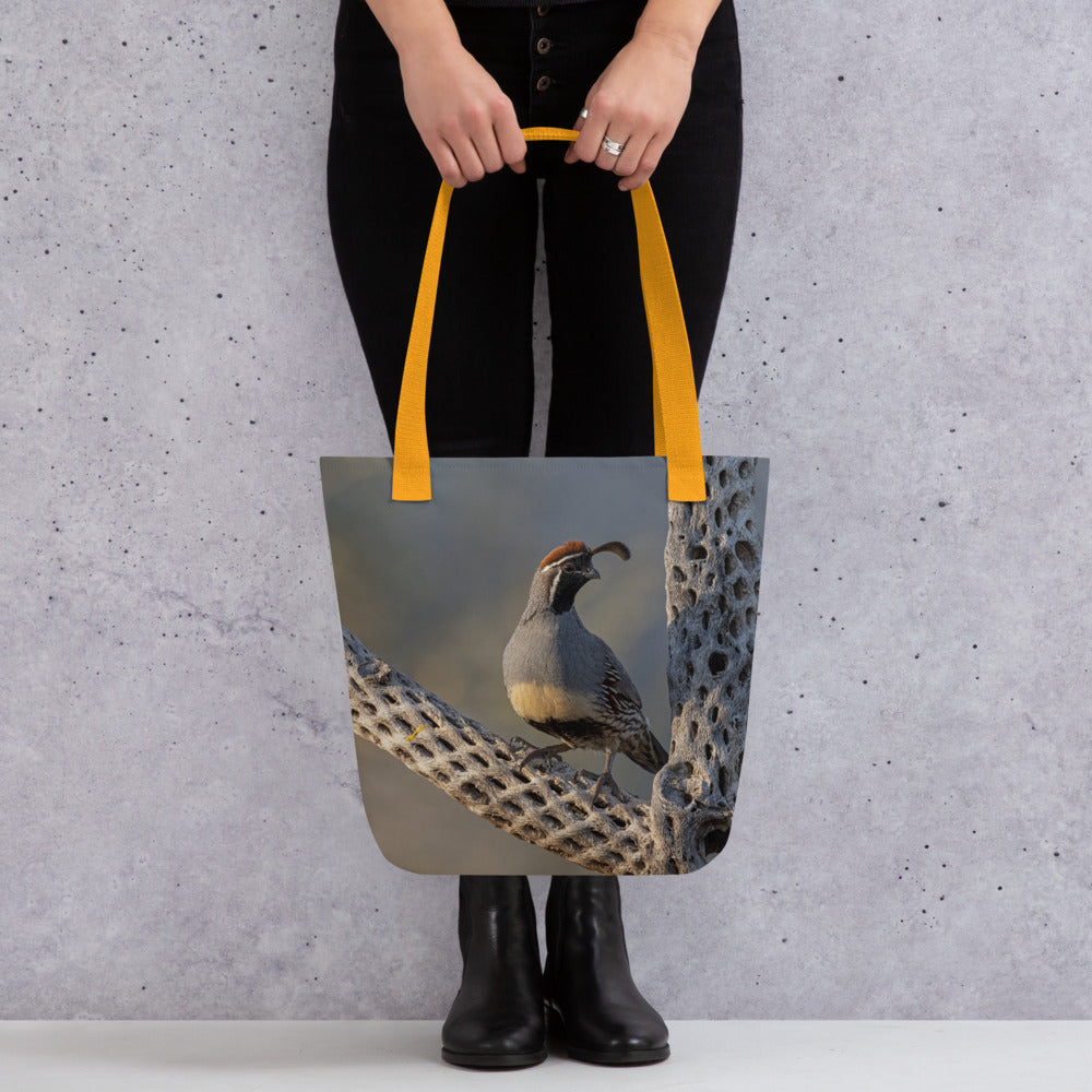 Quail On Cholla by Leslie Leathers Photography | Tote Bag