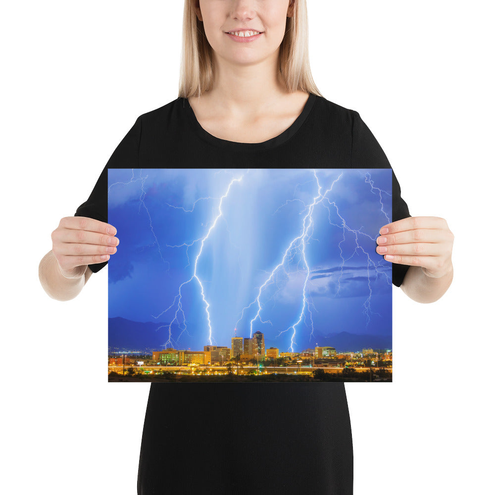 Downtown Tucson Lightning Monsoon by Sean Parker Photography | Poster