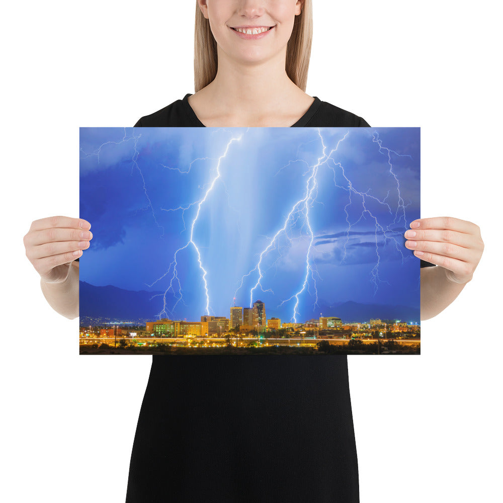 Downtown Tucson Lightning Monsoon by Sean Parker Photography | Poster