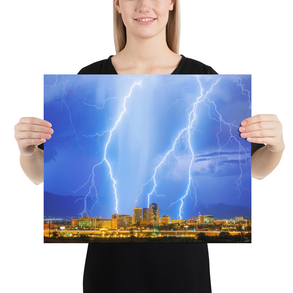 Downtown Tucson Lightning Monsoon by Sean Parker Photography | Poster