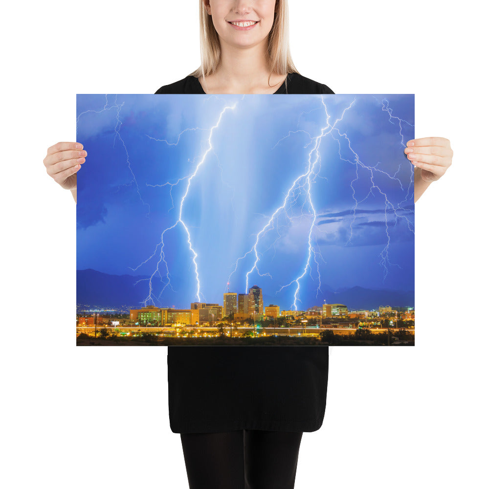 Downtown Tucson Lightning Monsoon by Sean Parker Photography | Poster