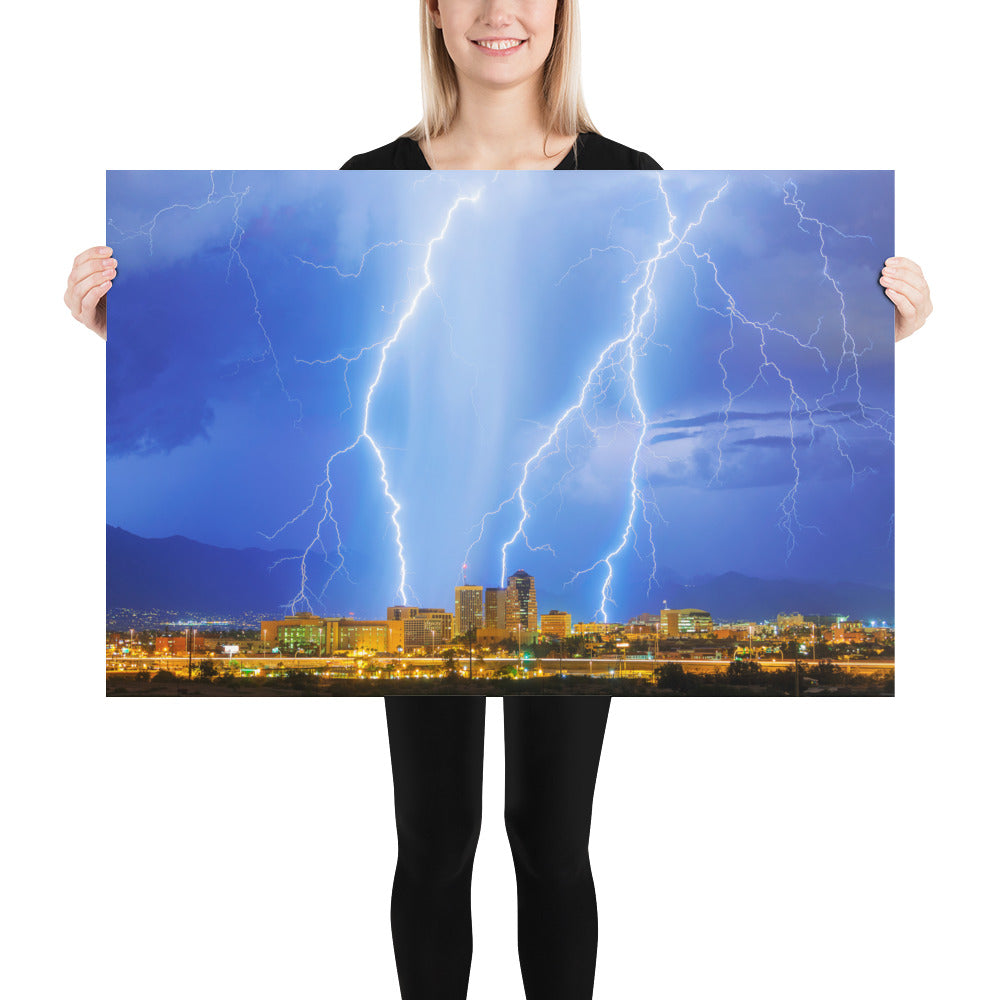 Downtown Tucson Lightning Monsoon by Sean Parker Photography | Poster