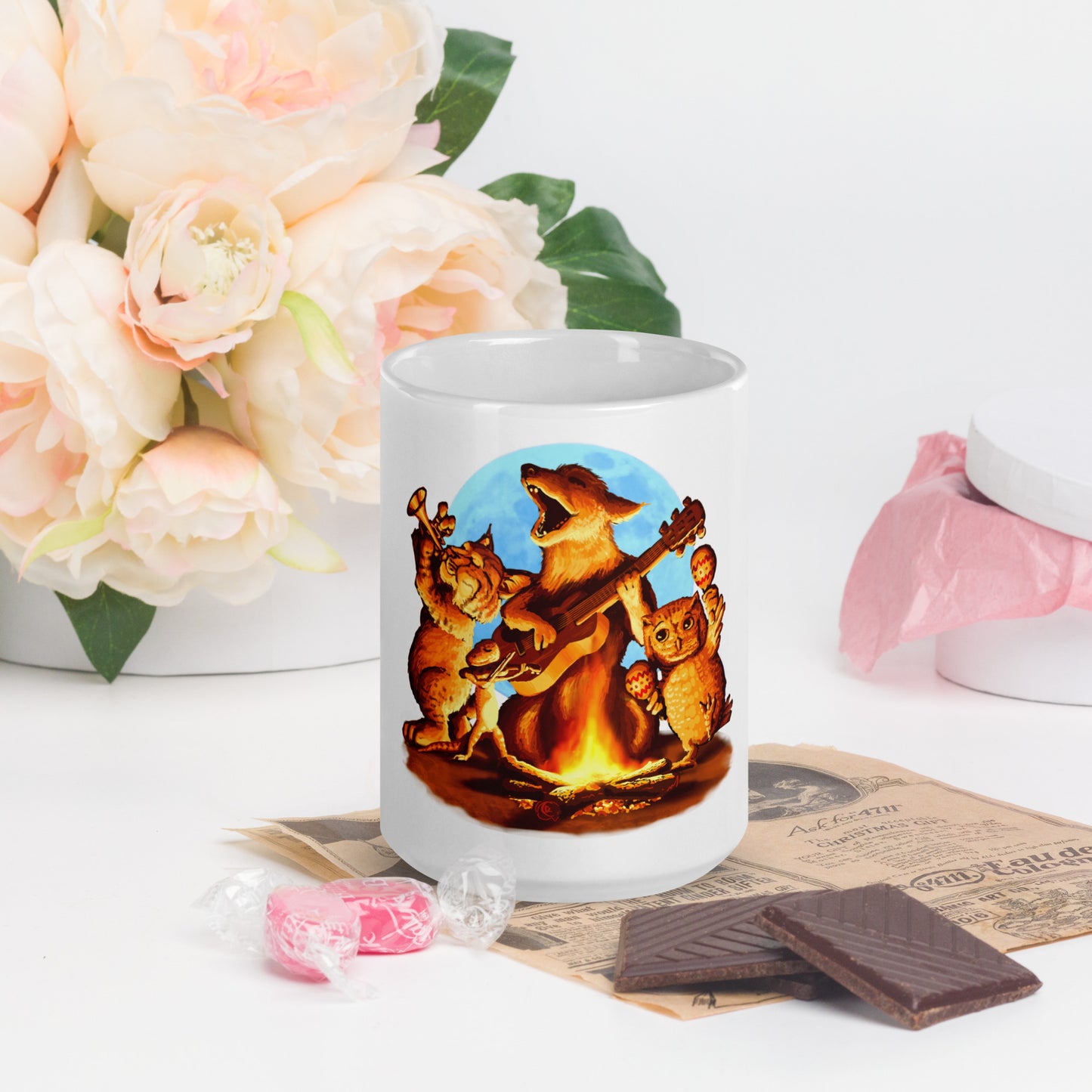 Campfire Mural by Joe Pagac | White glossy mug