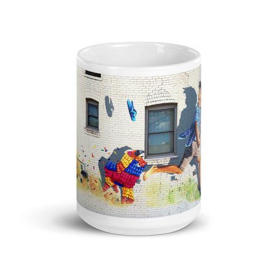 Running of the Pinatas Mural by Ignacio Garcia | White glossy mug