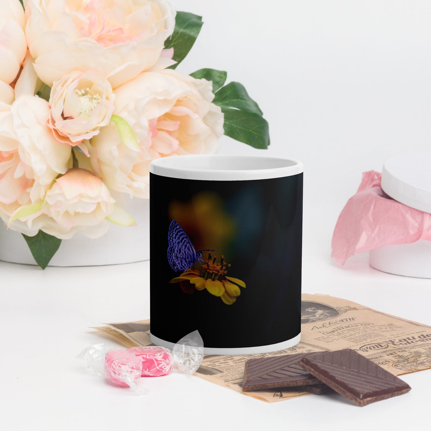 Marine Blue Butterfly by Leslie Leathers Photography | White glossy mug