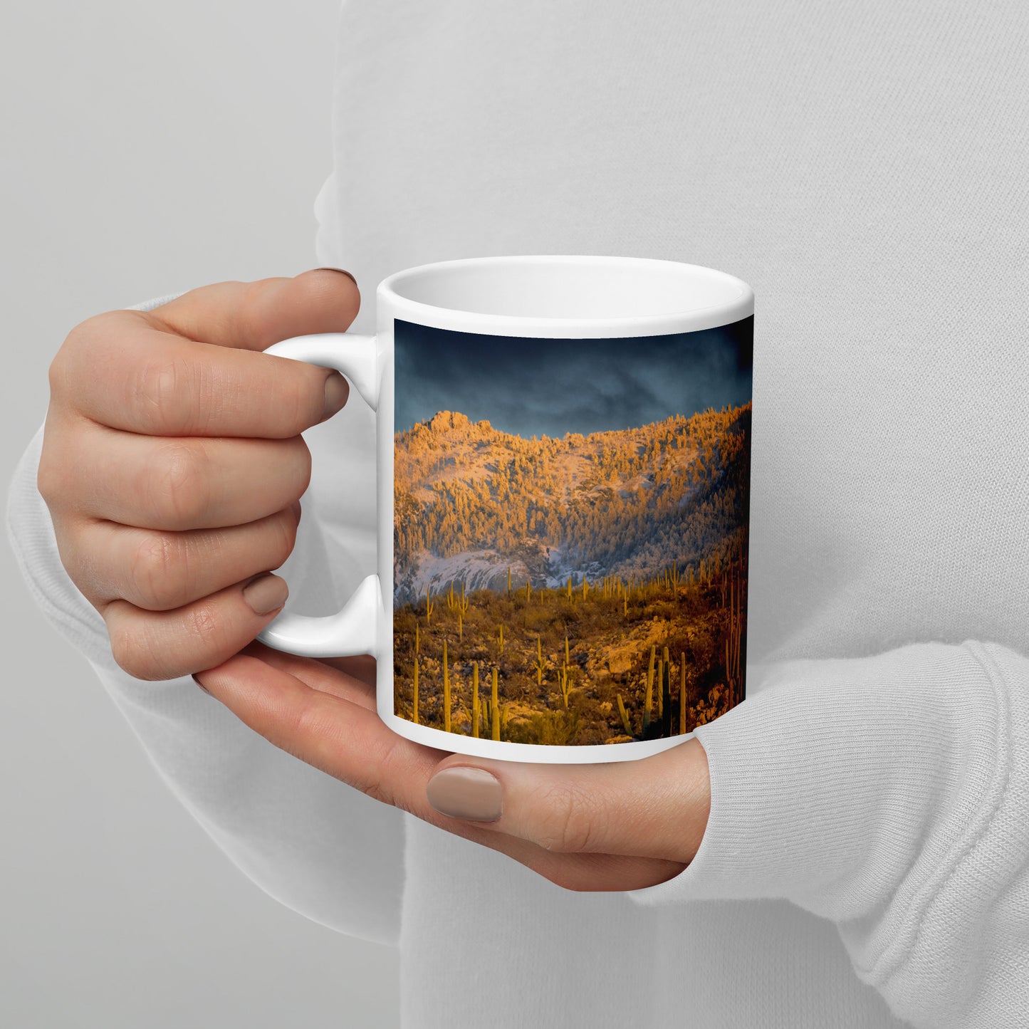 Rincon Mountain Snow by Sean Parker Photography | White glossy mug