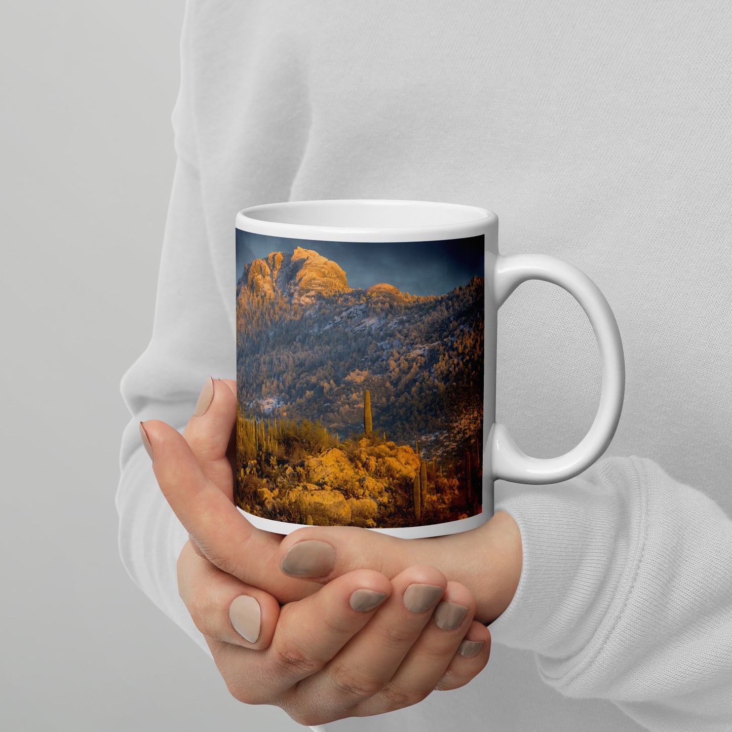 Rincon Mountain Snow by Sean Parker Photography | White glossy mug