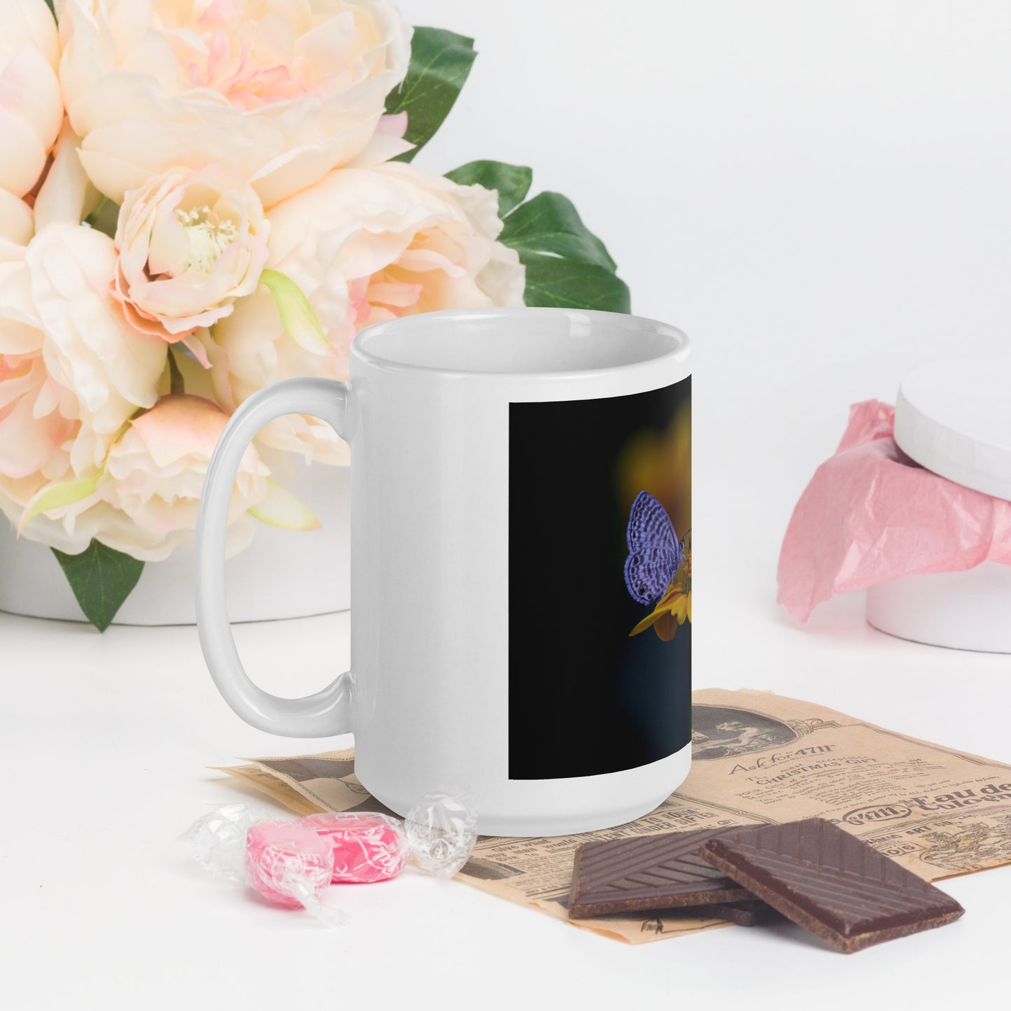 Marine Blue Butterfly by Leslie Leathers Photography | White glossy mug