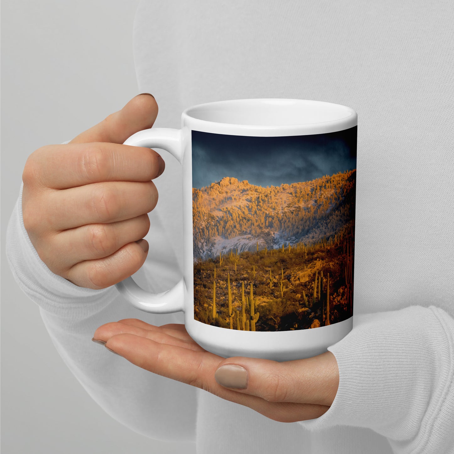 Rincon Mountain Snow by Sean Parker Photography | White glossy mug