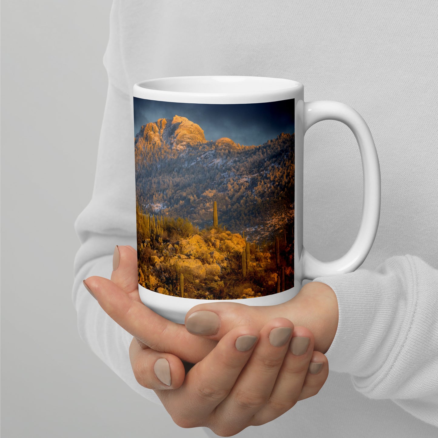 Rincon Mountain Snow by Sean Parker Photography | White glossy mug